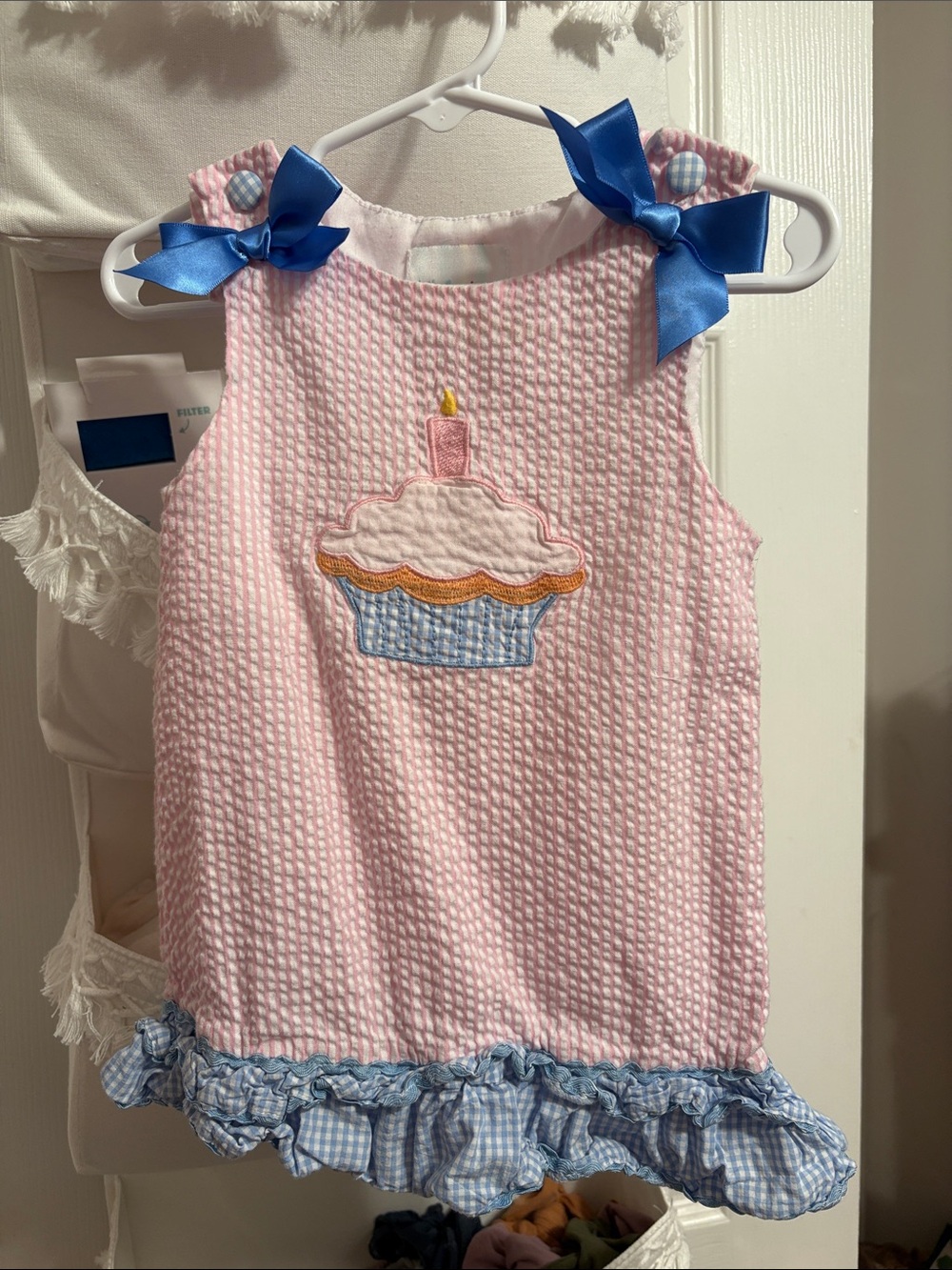 Pink Seersucker Cupcake Dress with Blue Gingham Trim